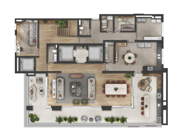 Planta opção 1 do pavimento inferior do duplex de 565 m² do Florà Alphaville