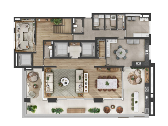 Planta padrão do pavimento inferior do duplex de 565 m² do Florà Alphaville