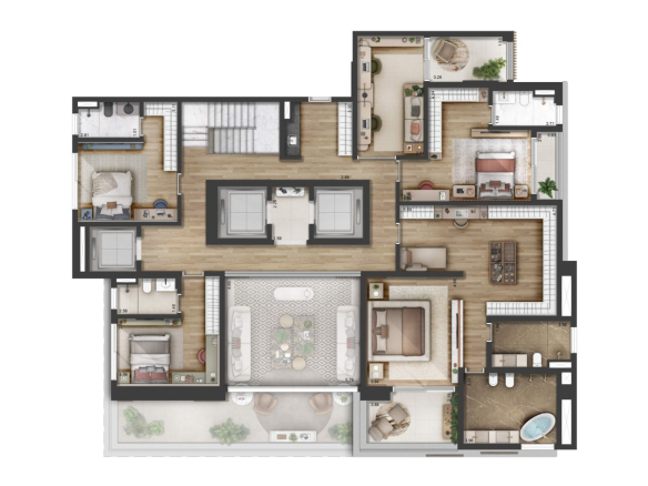 Planta do pavimento superior decorado do duplex de 565 m² do Florà Alphaville