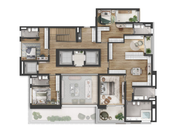 Planta opção 1 do pavimento superior do duplex de 565 m² do Florà Alphaville