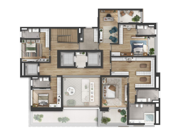 Planta padrão do pavimento superior do duplex de 565 m² do Florà Alphaville