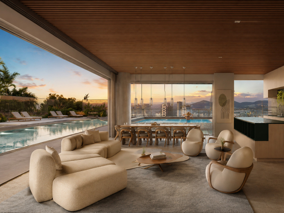 Composição do Vista Alphagran com área externa, piscina privativa e living panorâmico