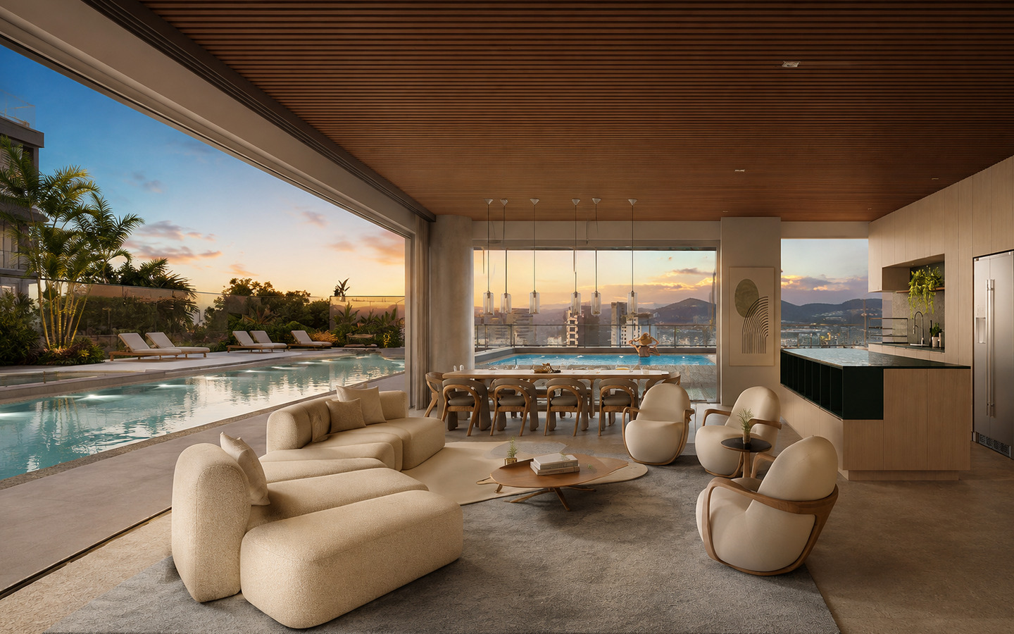 Composição do Vista Alphagran com área externa, piscina privativa e living panorâmico
