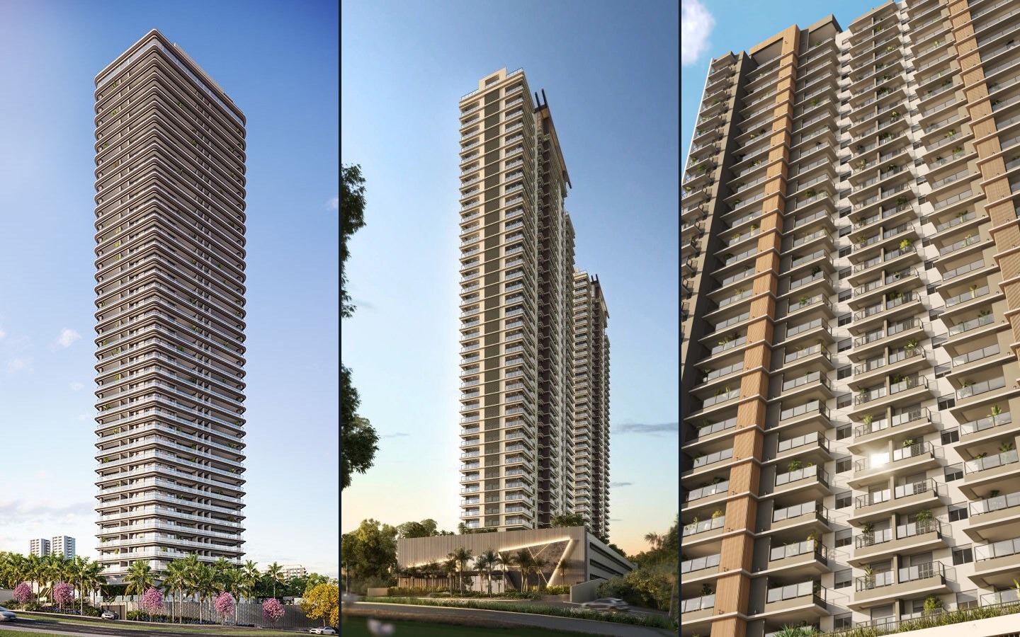 Comparativo visual das fachadas do Infinity, Eternity e NID Alphaville