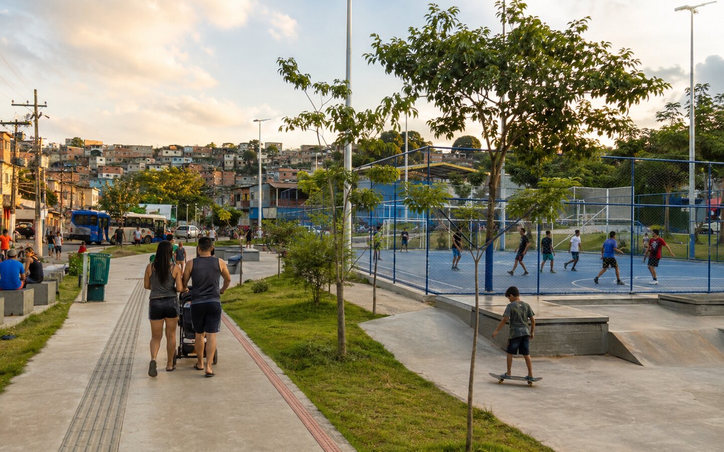 Representação editorial de moradores utilizando espaço público renovado em bairro de Osasco