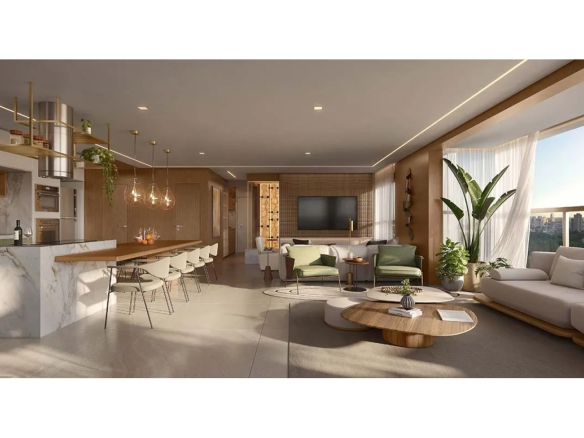 Perspectiva do living ampliado do apartamento de 130 m² no KA'A Home Boutique