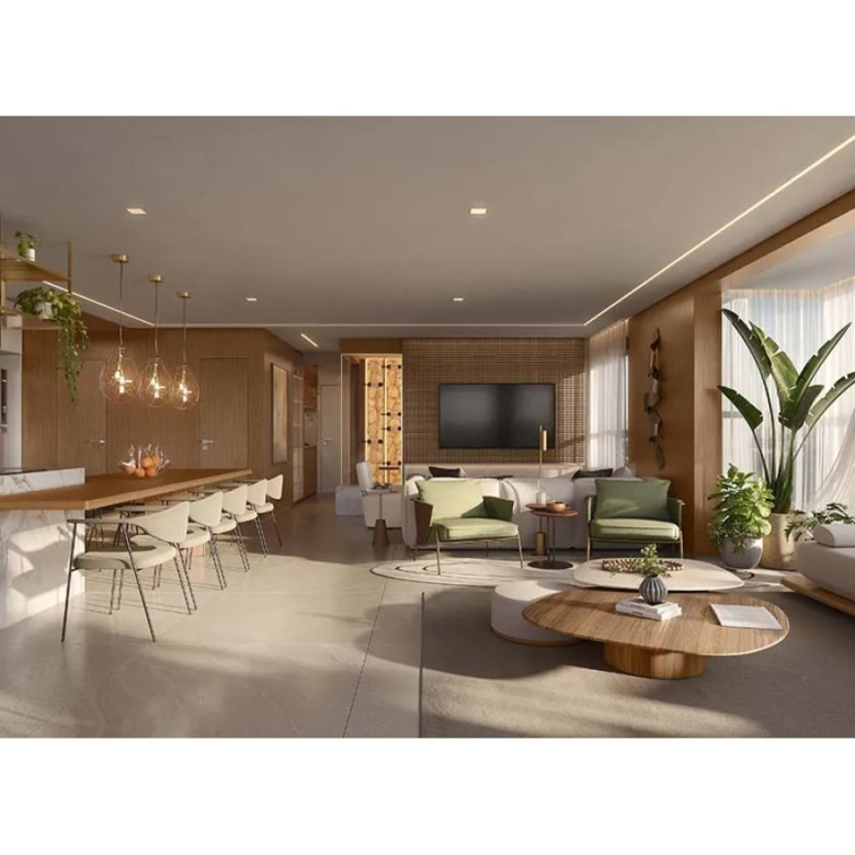 Perspectiva do living ampliado do apartamento de 130 m² no KA'A Home Boutique