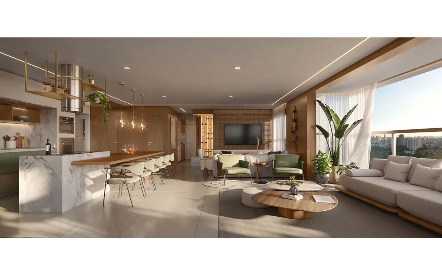 KA’A Home Boutique – Atendimento Especializado (11) 4237-8776 Perspectiva do living ampliado do apartamento de 130 m² no KA'A Home Boutique