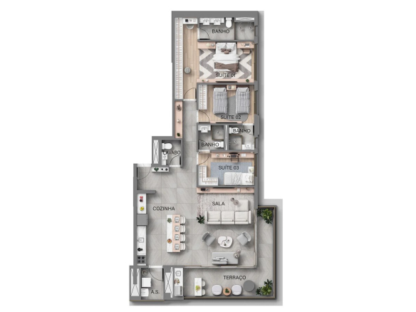 Planta de 130 m² com 3 suítes no KA'A Home Boutique