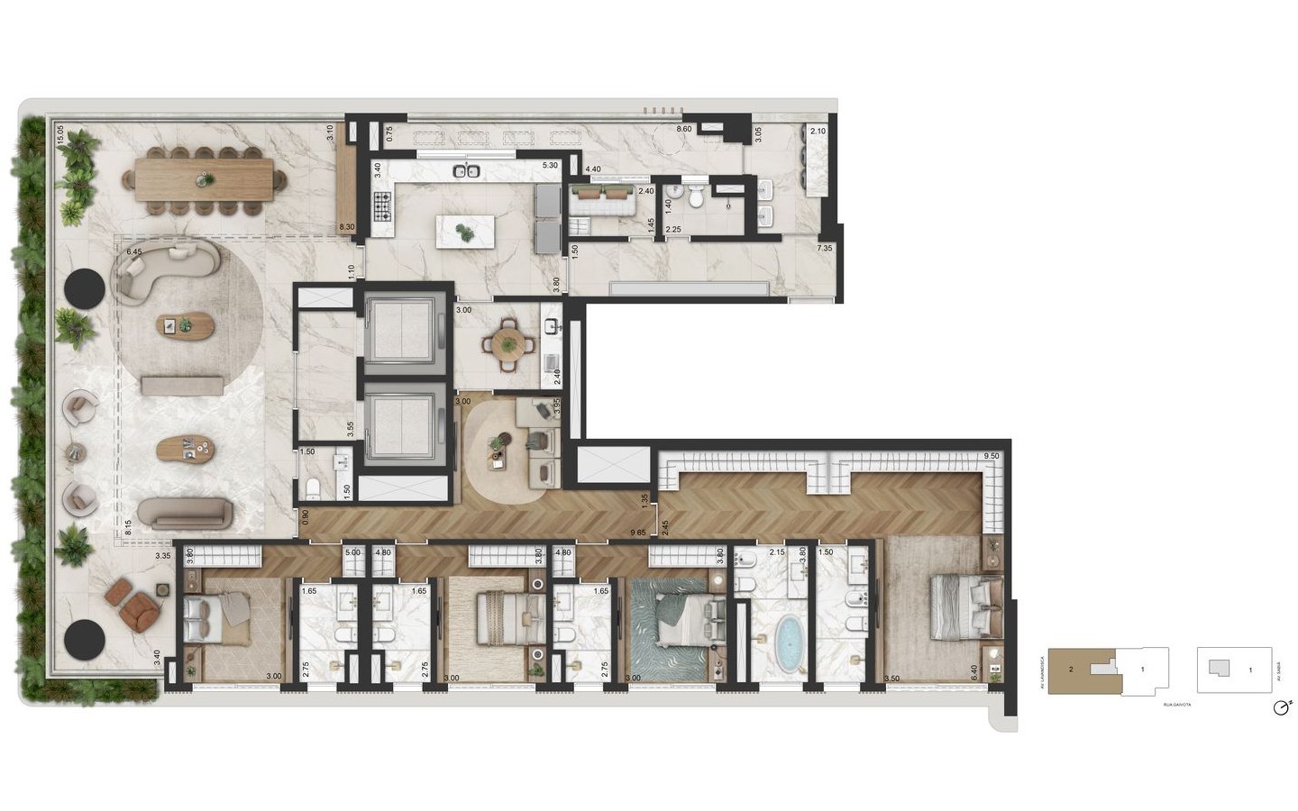 Planta tipo de 345 m² do La Galerie Moema