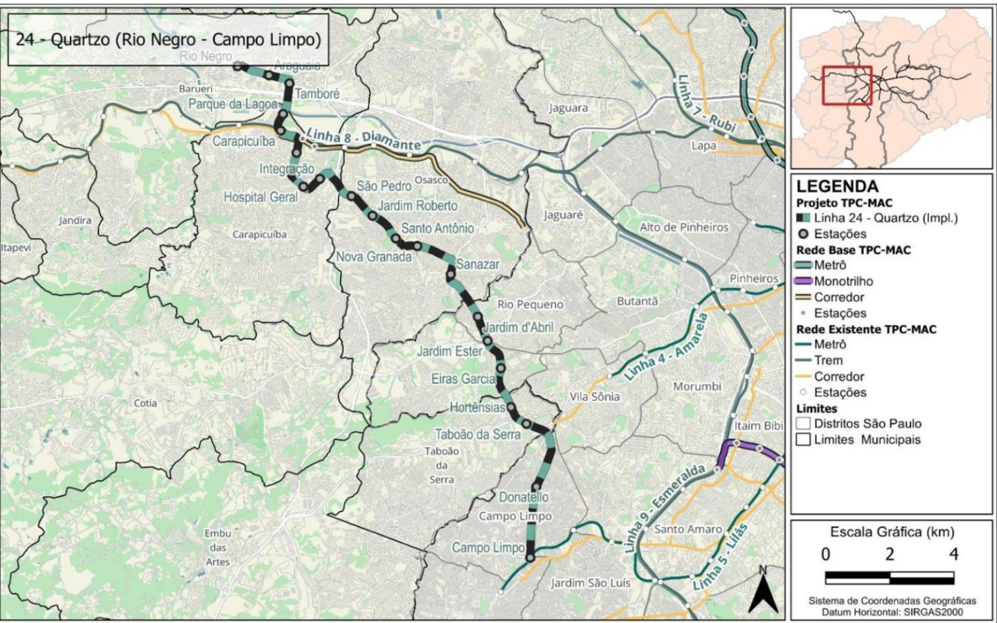Mapa conceitual do estudo da Linha 24-Quartzo entre Rio Negro e Campo Limpo