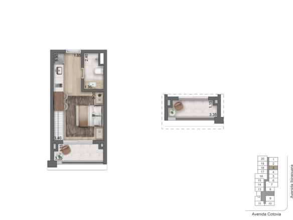 Planta oficial do studio de 27,5 m² do LIS Moema Studios