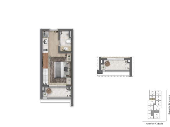 Planta oficial do studio de 29,5 m² do LIS Moema Studios