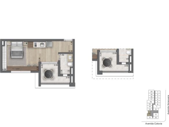 Planta oficial do studio de 38,5 m² do LIS Moema Studios