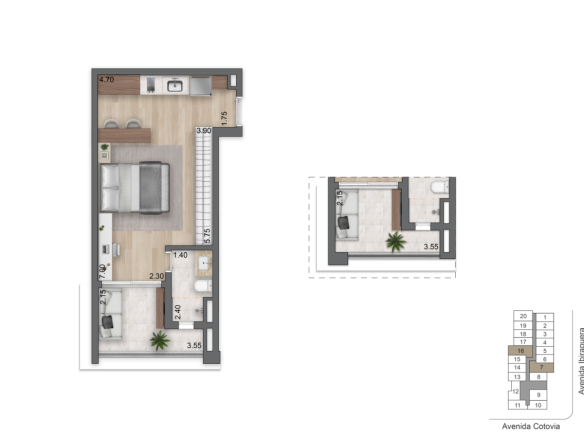 Planta oficial do studio de 42 m² do LIS Moema Studios