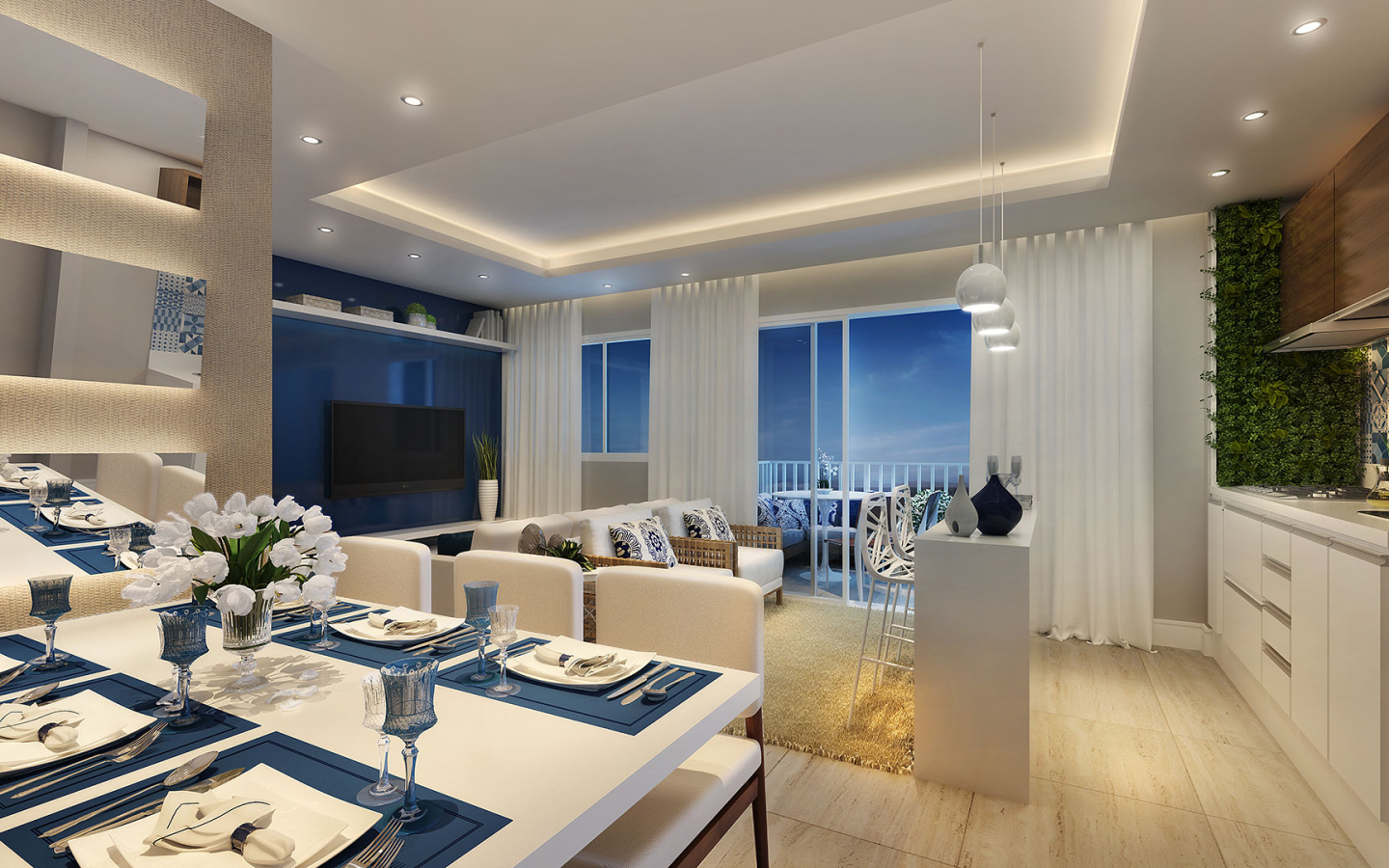 Perspectiva do living integrado do apartamento compacto de 47 m² do Acqua Park Alphaville