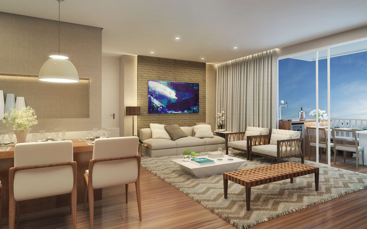 Perspectiva do living integrado do apartamento de 69 m² do Acqua Park Alphaville