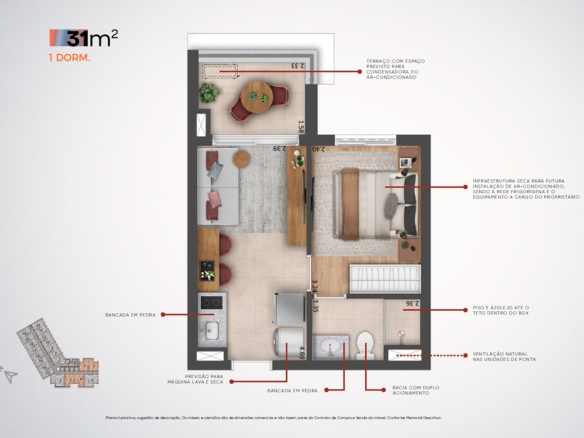 Planta oficial de 31 m² com 1 dormitório do Madart