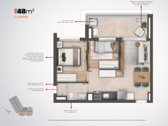 Planta oficial de 48 m² com 2 dormitórios do Madart
