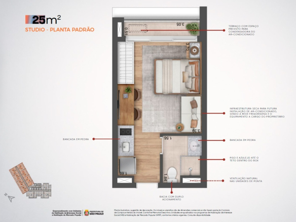 Planta oficial do studio de 24 a 25 m² do Madart