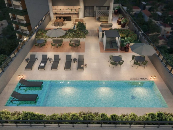 Piscina e áreas de convivência no rooftop do Madart na Vila Madalena
