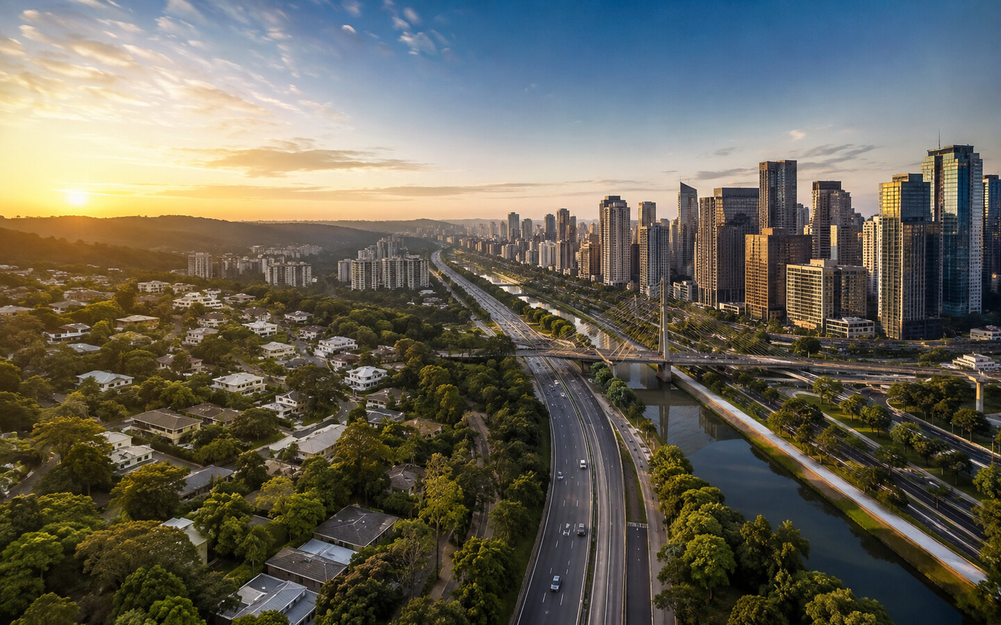 Imagem editorial ilustrativa que conecta a paisagem verde de Alphaville ao horizonte corporativo de São Paulo