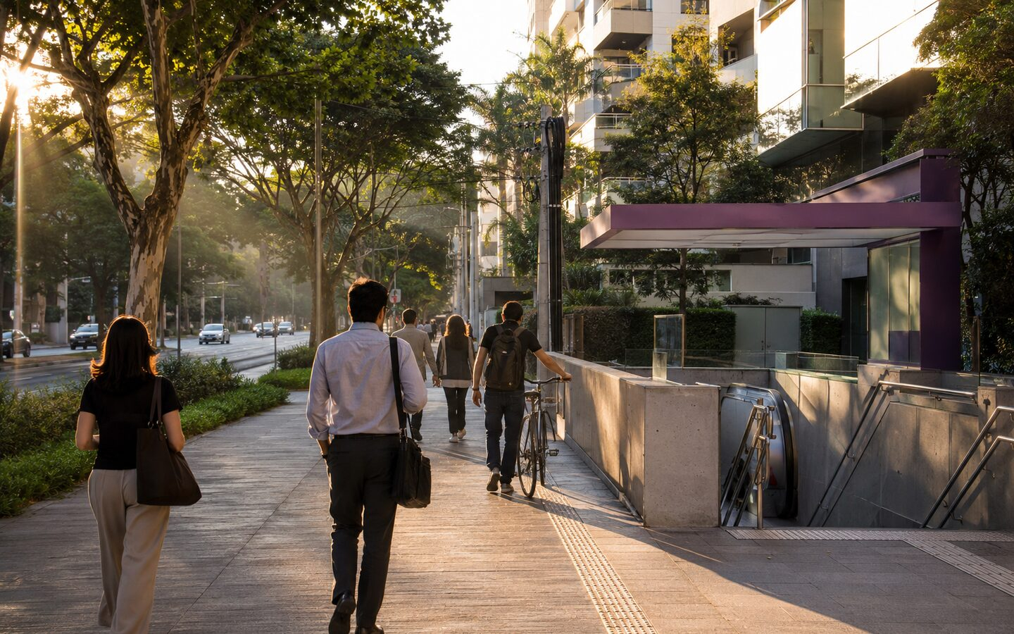 Moradores caminhando em rua arborizada de Moema próxima a uma entrada de metrô