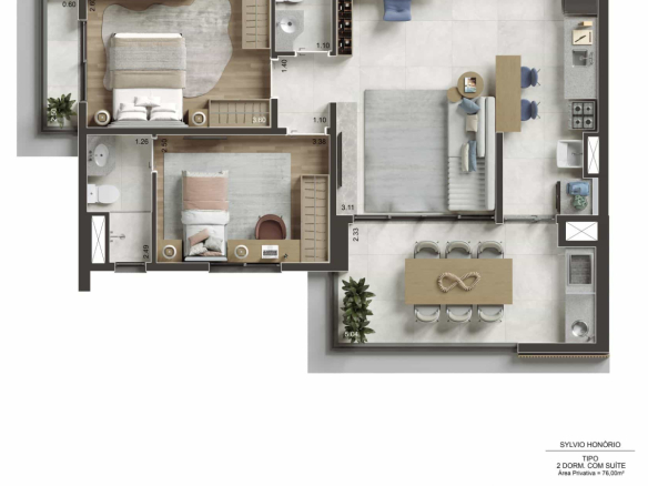 Planta de 76 m² com 2 dormitórios e suíte no NID Alphaville