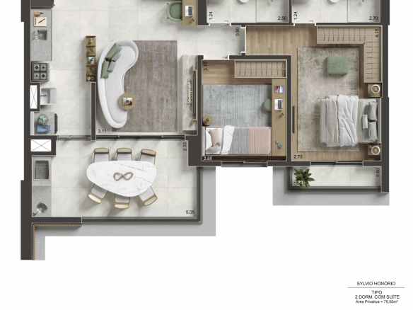 Planta de 75 m² com 2 dormitórios e suíte no NID Alphaville