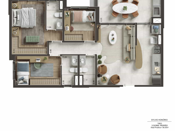 Planta padrão de 86 m² com 3 dormitórios no NID Alphaville