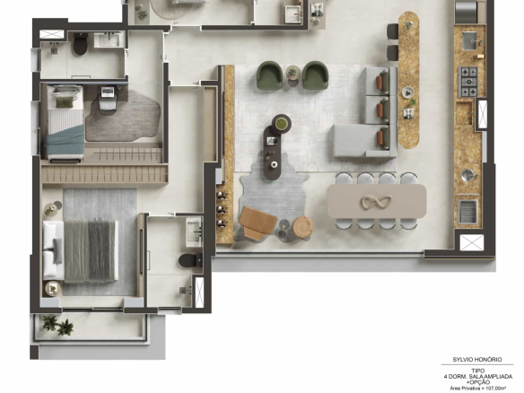 Planta de 107 m² com sala ampliada no NID Alphaville