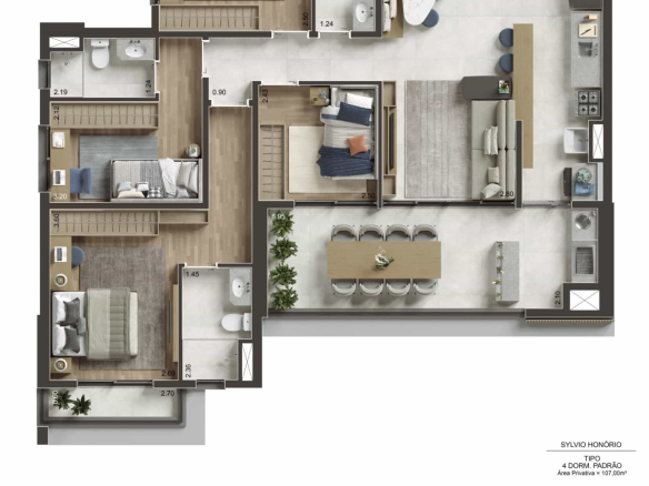 Planta padrão de 107 m² com 4 dormitórios no NID Alphaville