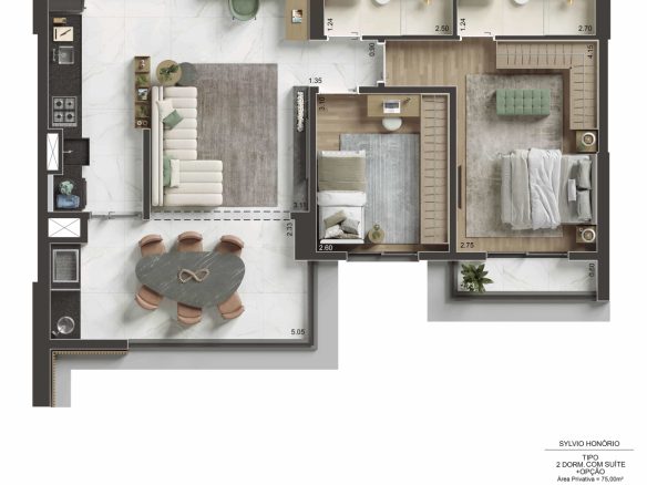 Segunda opção da planta de 75 m² no NID Alphaville