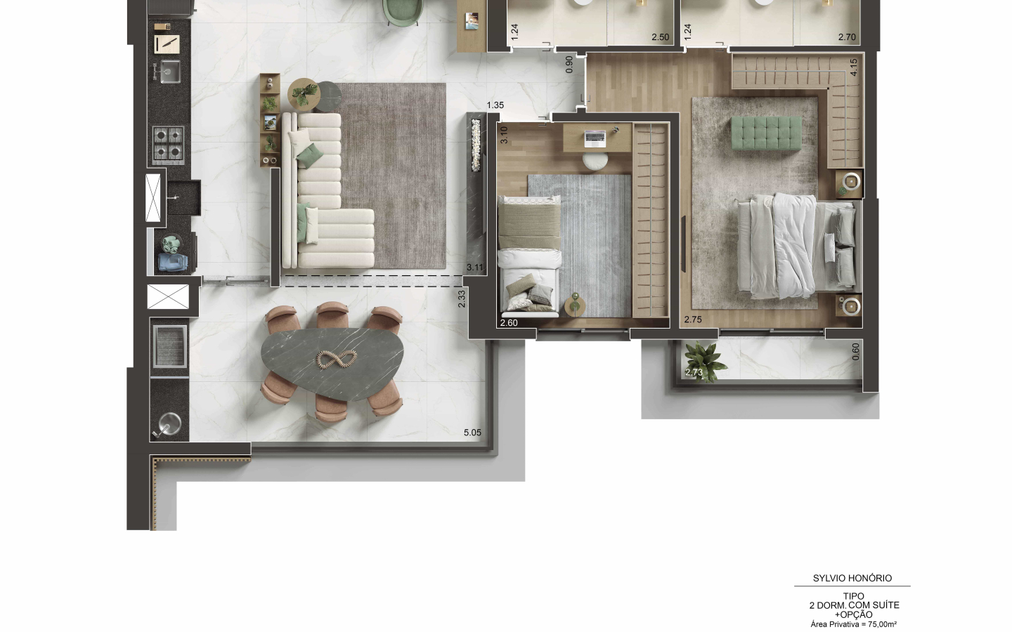 Segunda opção da planta de 75 m² no NID Alphaville