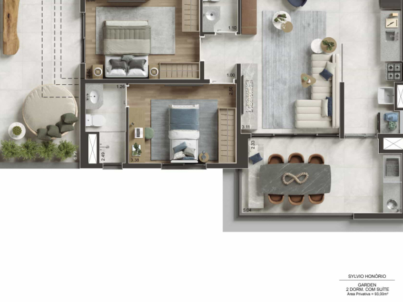 Planta garden de 93 m² com 2 dormitórios e suíte no NID Alphaville