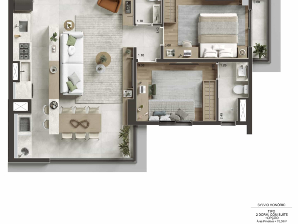 Segunda opção da planta de 76 m² no NID Alphaville