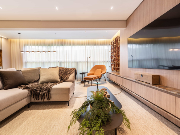 Perspectiva do living do decorado do NID Alphaville