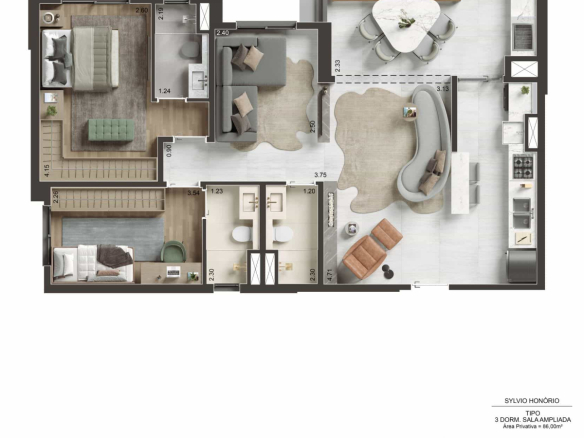 Planta de 86 m² com sala ampliada no NID Alphaville