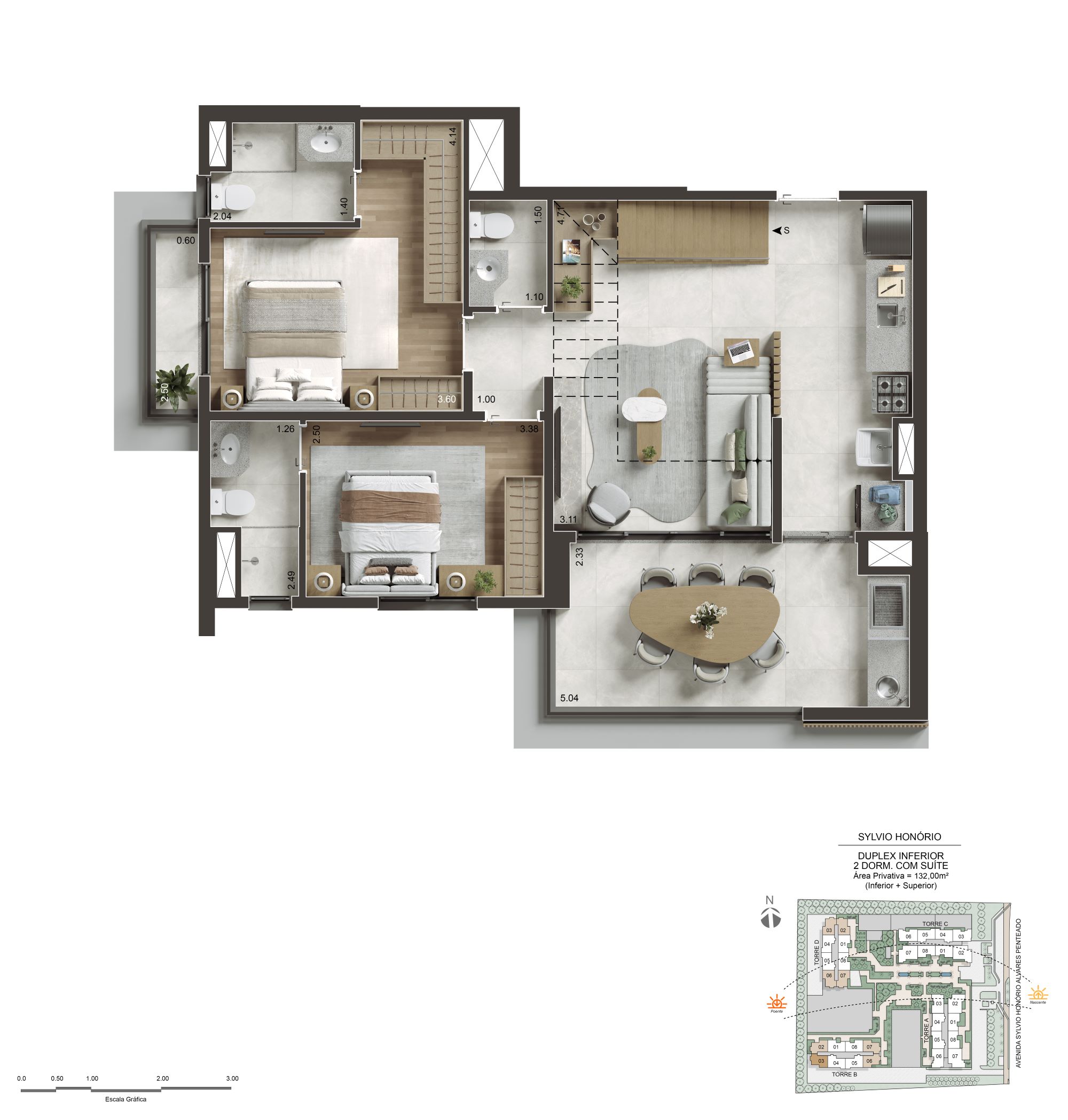 Pavimento inferior completo do duplex de 132 m² do NID Alphaville