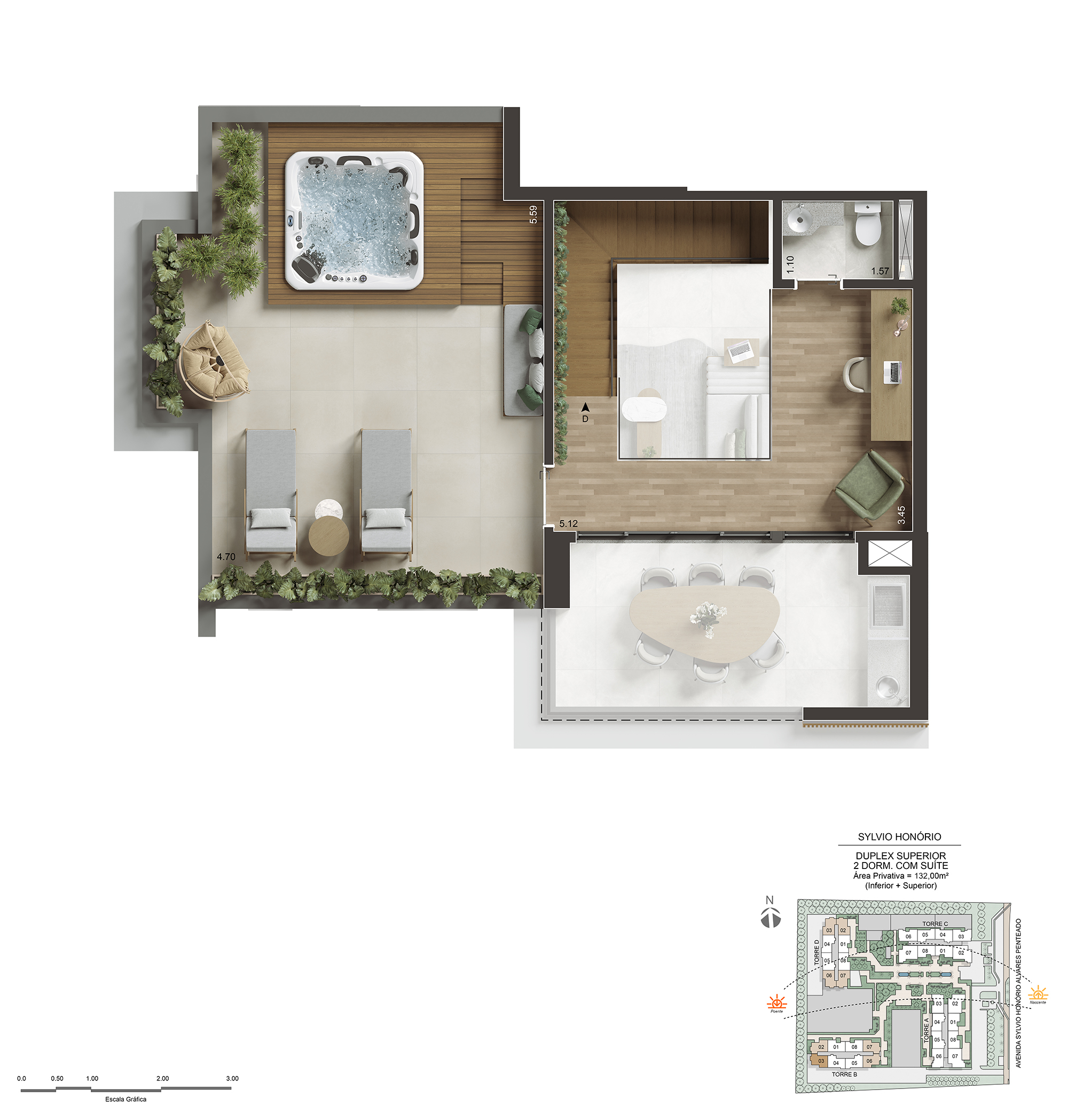 Pavimento superior completo do duplex de 132 m² do NID Alphaville
