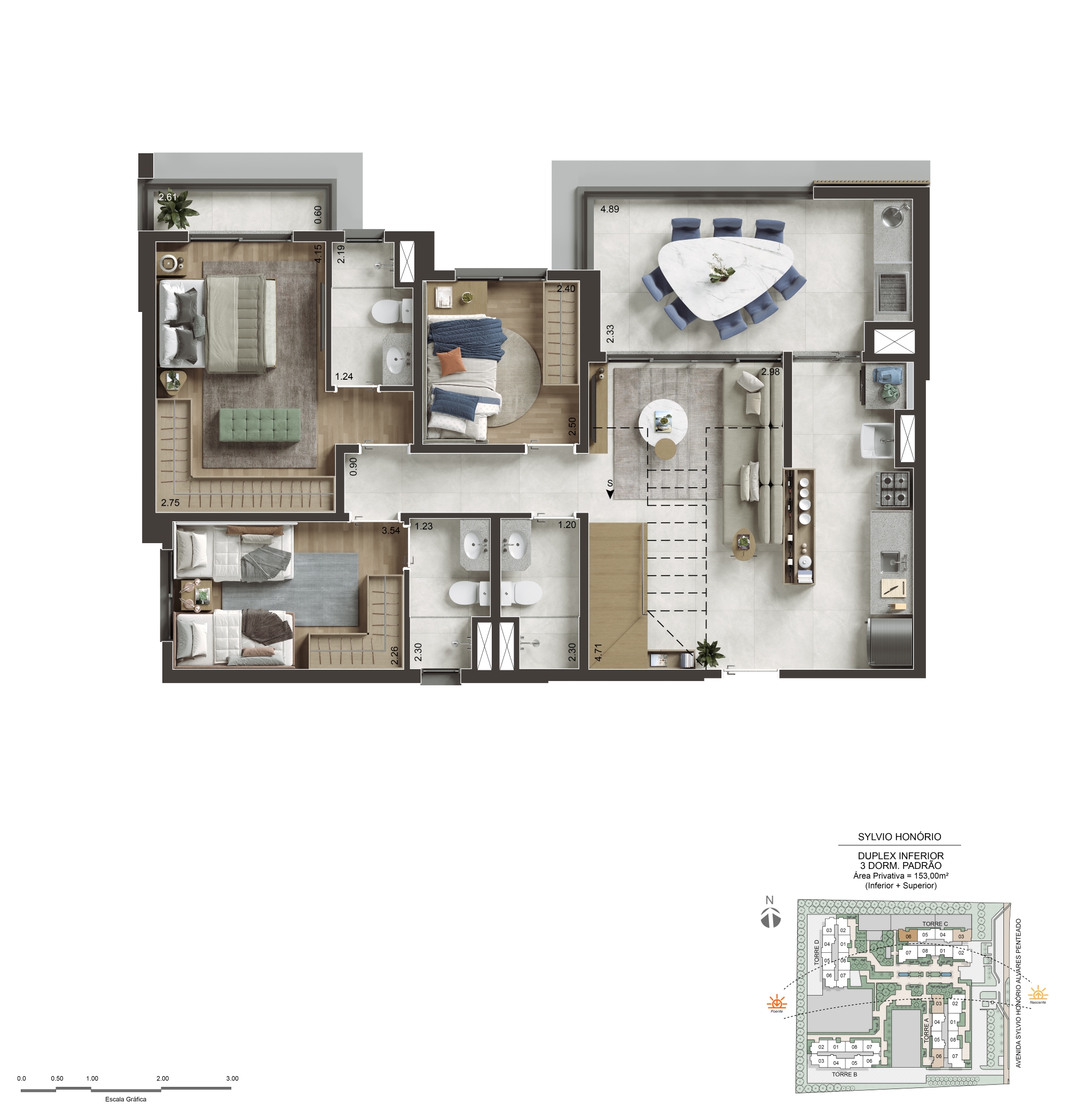 Pavimento inferior completo do duplex de 153 m² do NID Alphaville