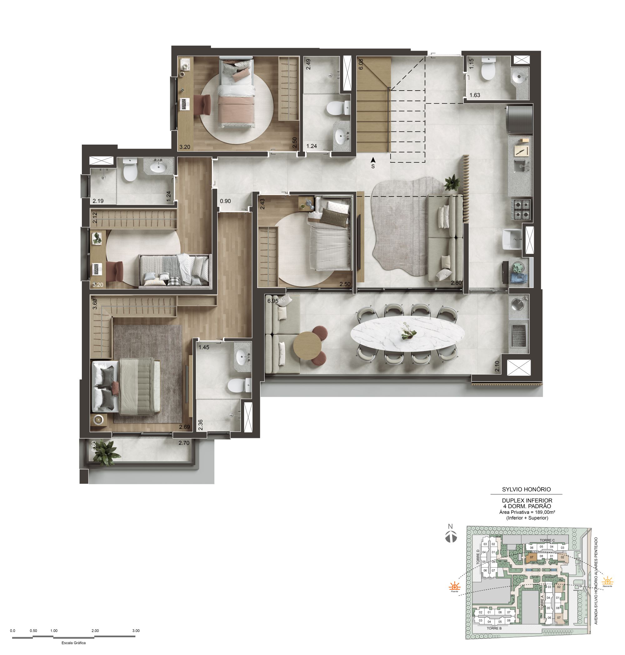 Pavimento inferior completo do duplex de 189 m² do NID Alphaville