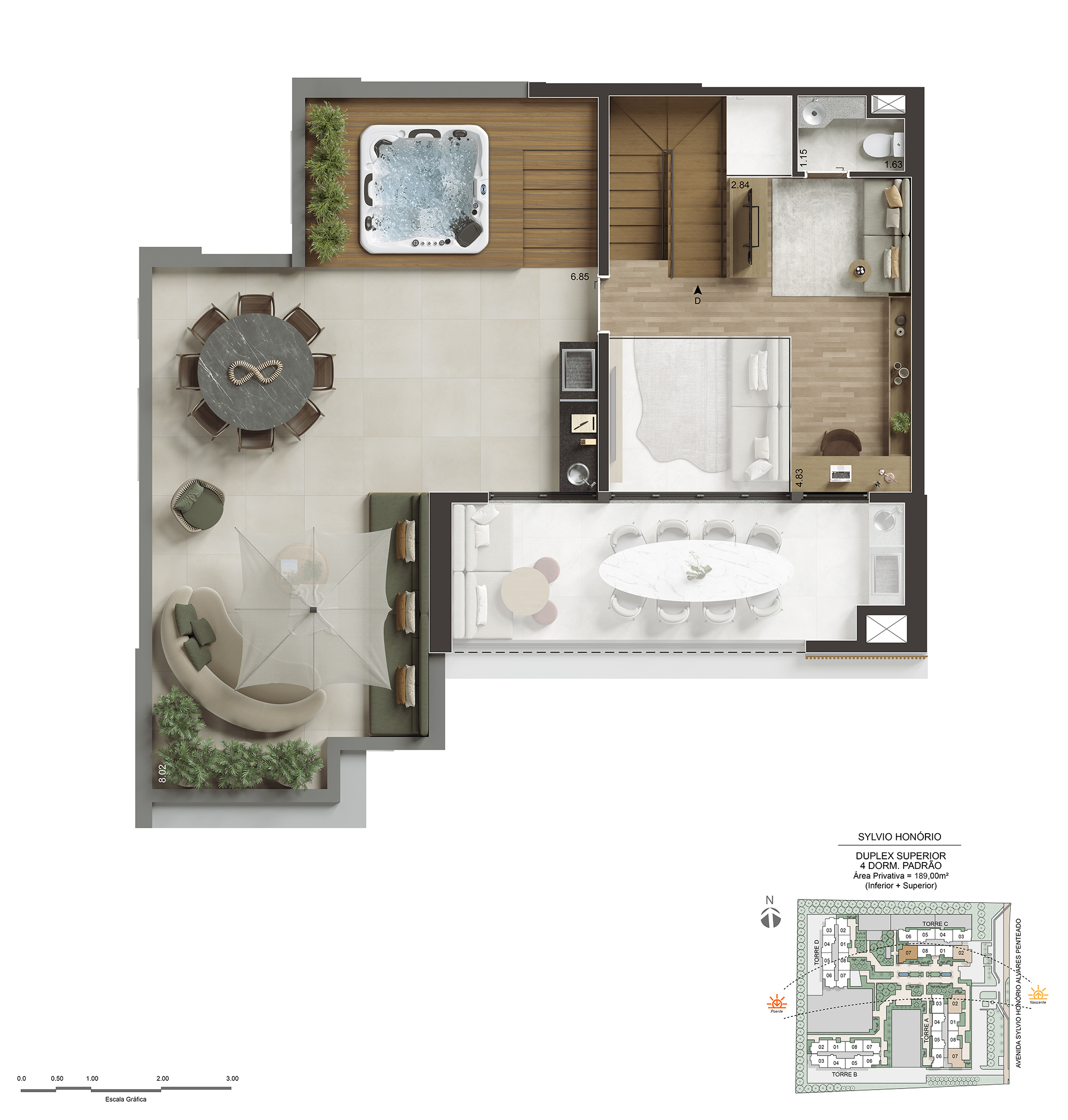 Pavimento superior completo do duplex de 189 m² do NID Alphaville