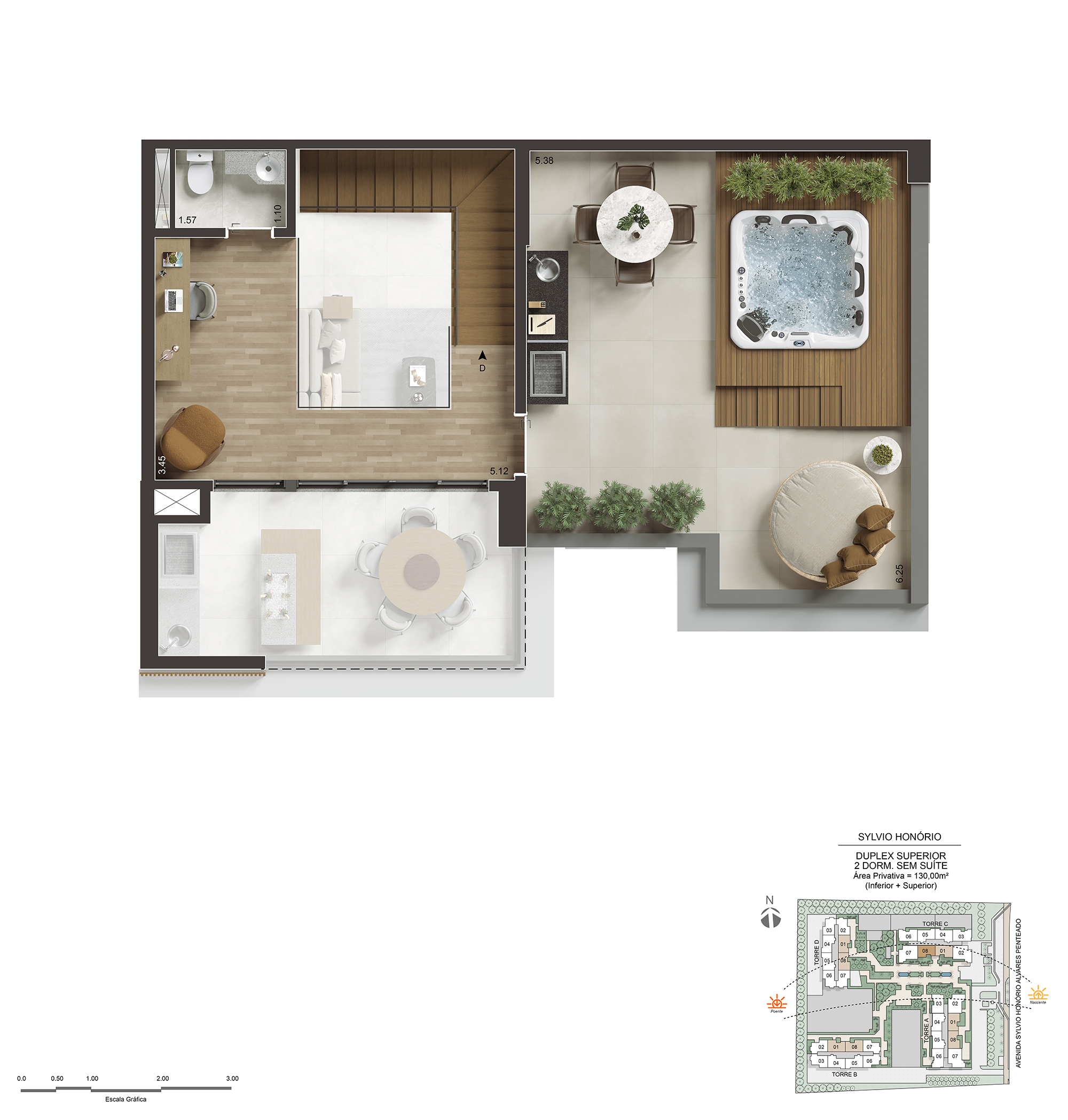 Pavimento superior oficial completo do duplex de 130 m² do NID Alphaville