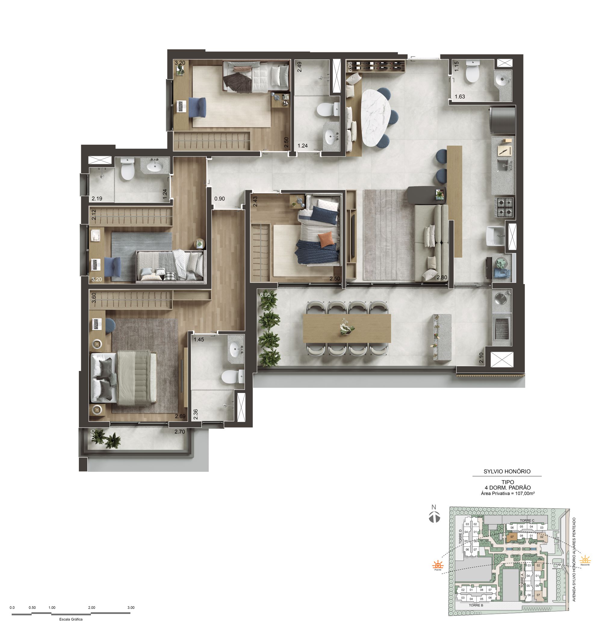 Planta oficial completa de 107 m² do NID Alphaville