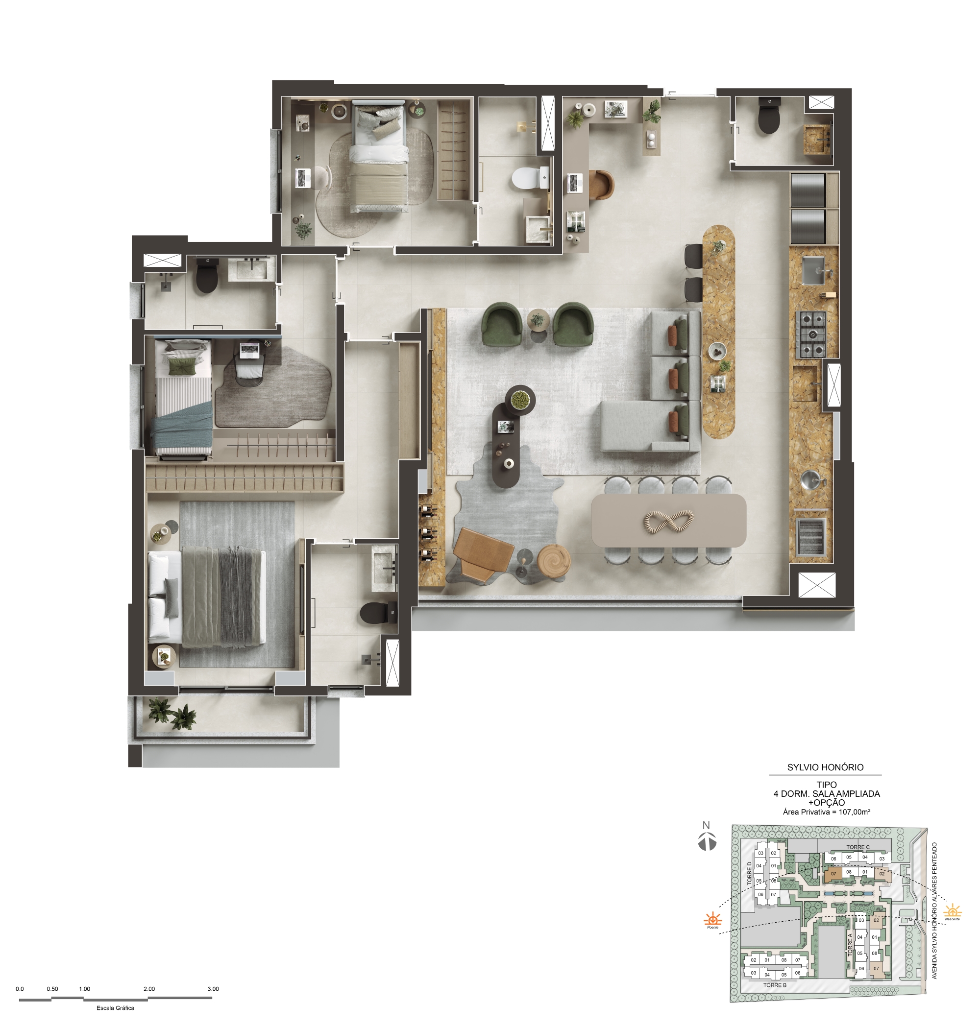 Planta oficial completa de 107 m² com sala ampliada no NID Alphaville