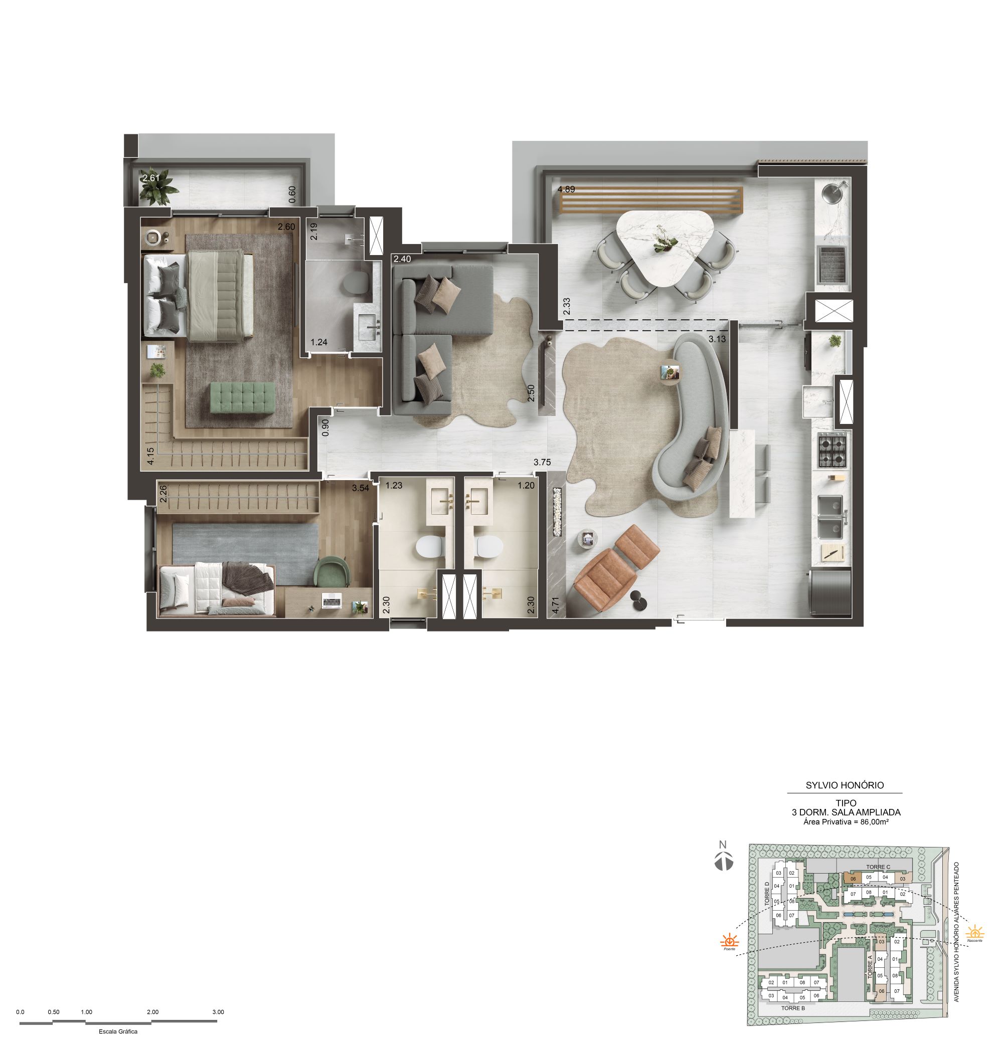 Planta oficial completa de 86 m² com sala ampliada no NID Alphaville