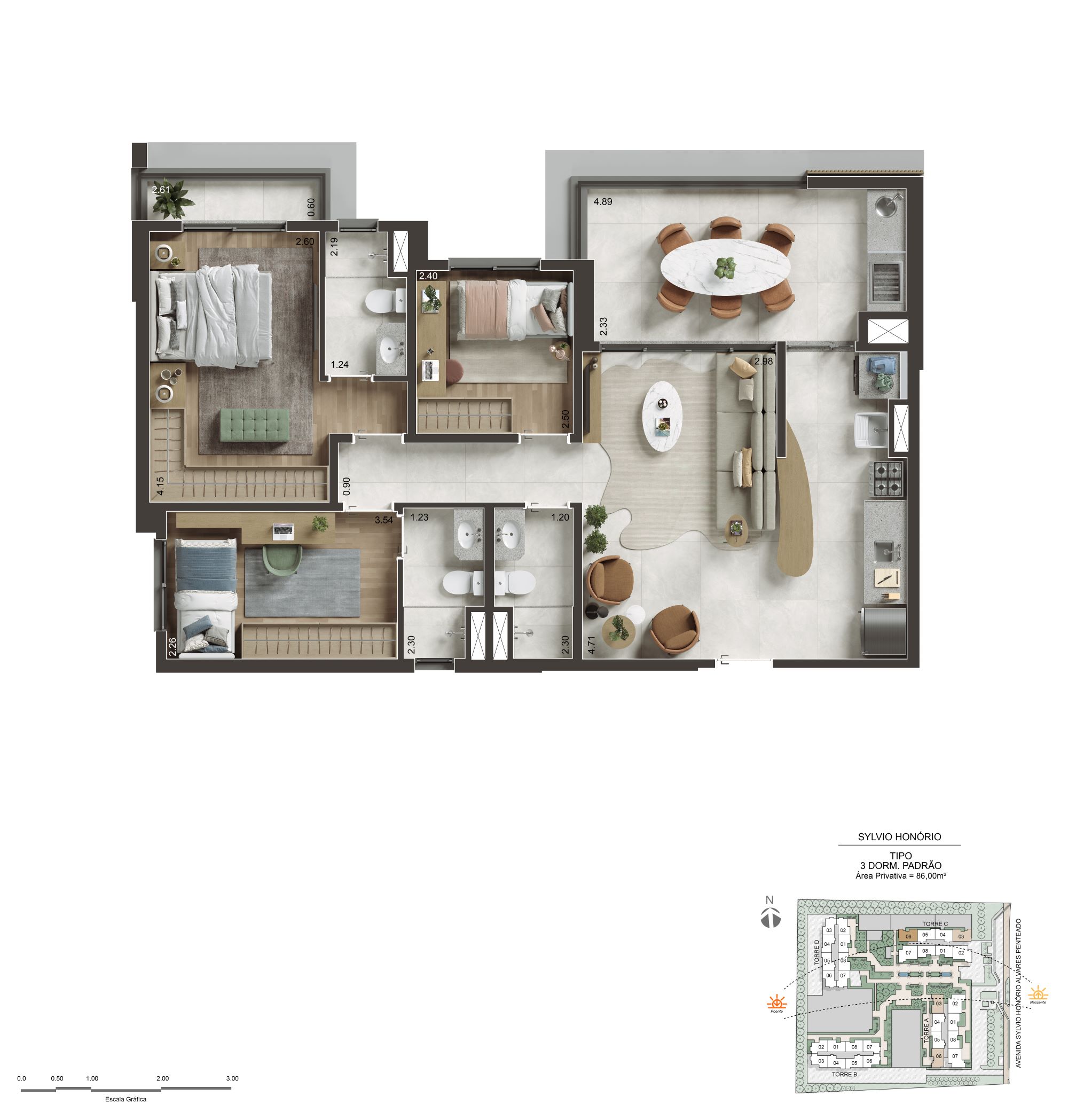 Planta oficial completa de 86 m² com três dormitórios no NID Alphaville