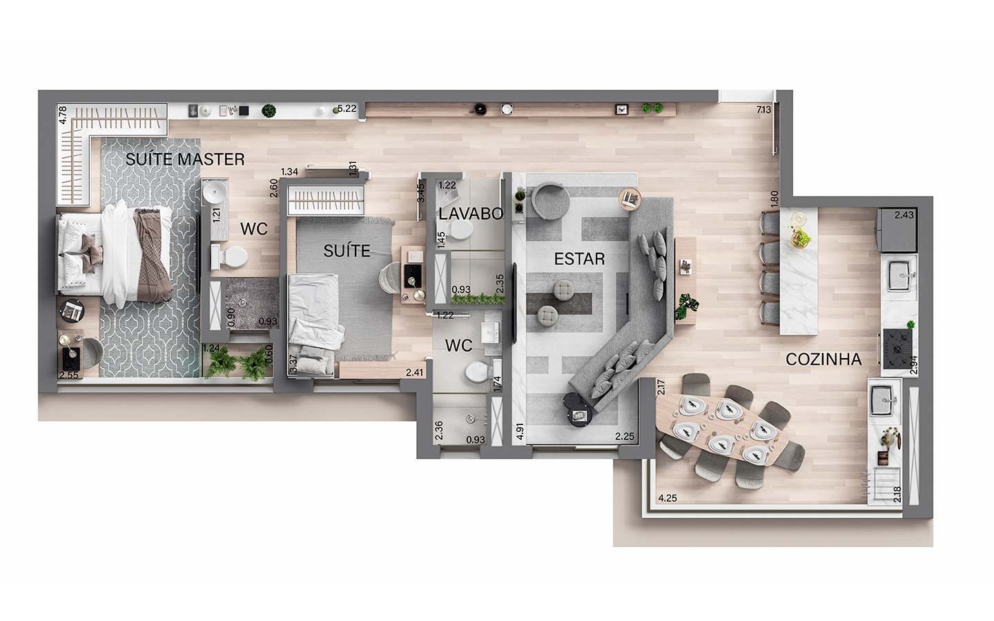 Oásis Home Resort em Alphaville — Planta de 90 m² com living ampliado do Oásis Home Resort