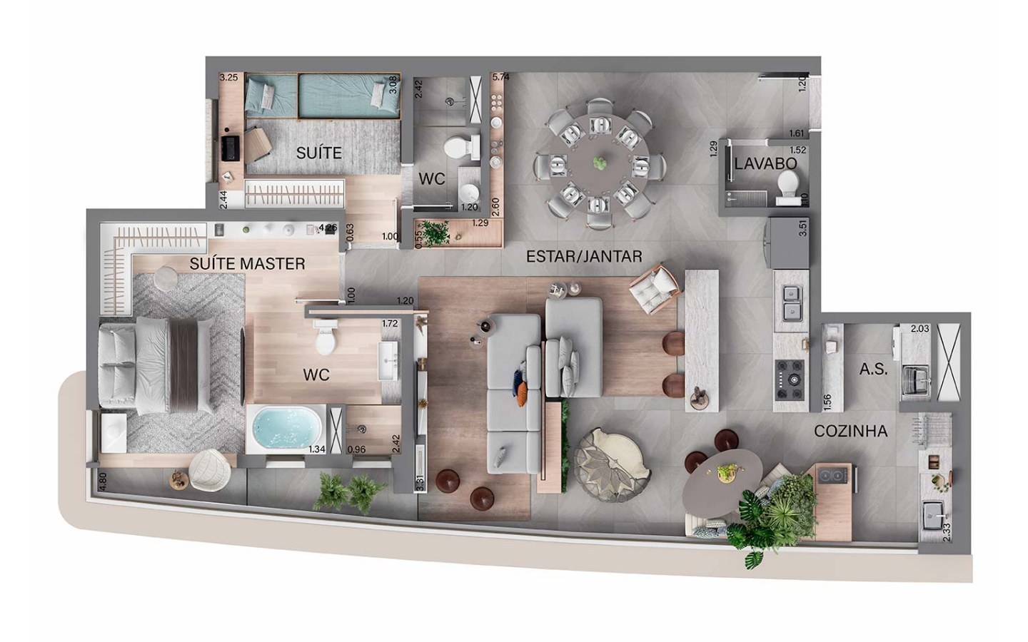 Oásis Home Resort em Alphaville — Planta de 114 m² com living ampliado do Oásis Home Resort